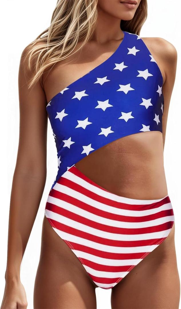 Women's One Piece Ribbed Swimsuit One Shoulder Cutout Swimwear Sexy Bathing Suit (Large, Red&blue)