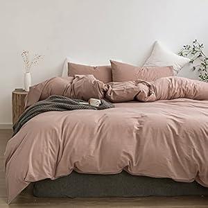 TIPTOE BEAR Duvet Cover Set, 100% Washed Cotton 3 Piece Set with Zipper Closure, Ultra Soft Breathable Chic Bedding, 1 Duvet Cover and 2 Pillow Shams, Pink King Size 104"x 90" (No Comforter)