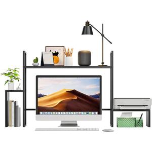 WelFurGeer LED Desk Shelf Organizer with RGB Light Strip, 2-Tier Desktop Shelf for Computer Monitor, Sturdy Metal Frame & Wood Shelves - Desk Hutch Bookshelf for Home Office, Dorm, Gaming (Black)