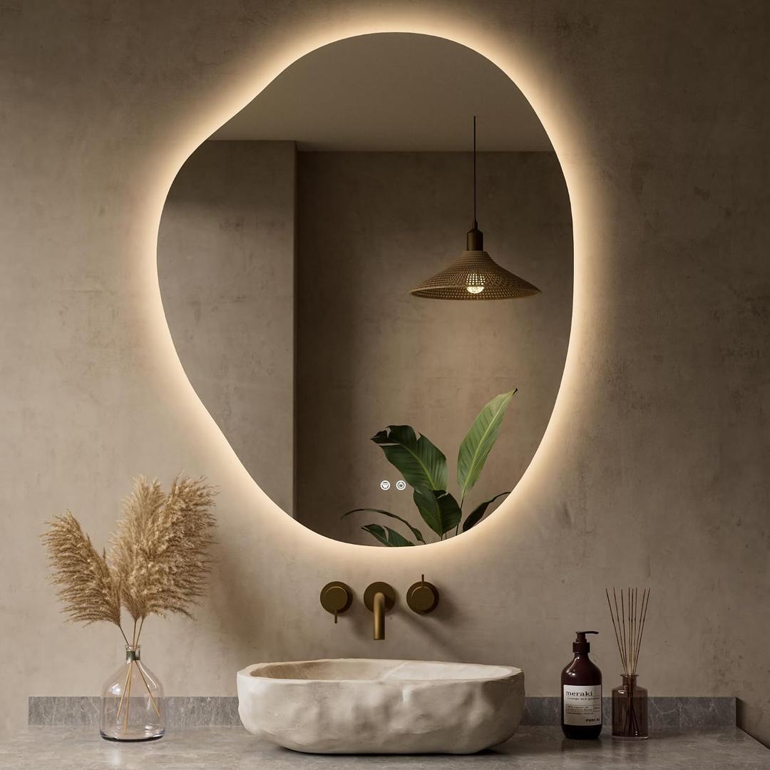 Keonjinn Asymmetrical Bathroom Mirror with Lights 30 x 36 Inch, Irregular Lighted Bathroom Mirror with Tempered Glass, Stepless Dimmable with 3 Colors, Anti-Fog Vanity Mirror (Horizontal/Vertical)