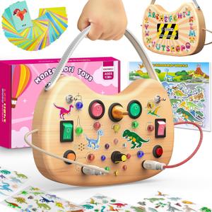 Montessori Toddler Busy Board, Wooden Busy Board with 17 LED Lights Switch, Travel Toys for Toddlers 1-3 Years,Toddler Sensory Boards, Toys for 1 Year Old Girls (Pink)