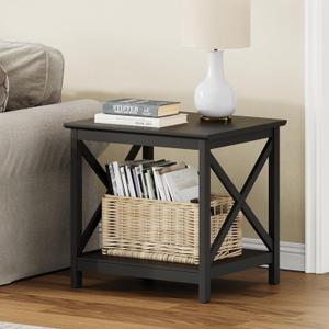 ChooChoo End Table, 24 Inch End Table with 2-Tier Storage Shelf, Side Table for Living Room, Wood Nightstand for Bedroom, Office, Painted Surface, Black