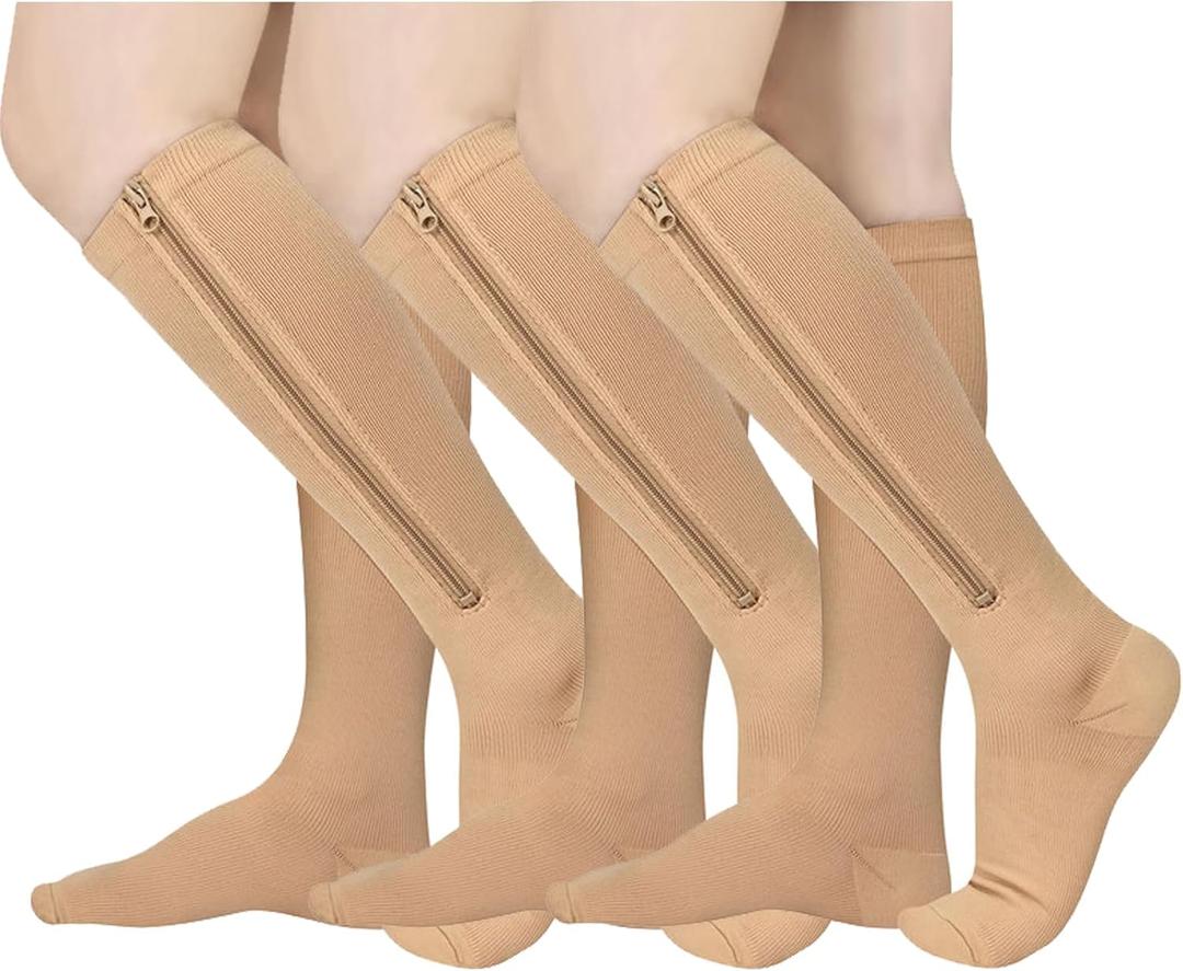 Athbavib 3 Pairs Zipper Compression Socks, 15-20 mmHg Closed Toe Compression Stocking with Zipper for Women and Men, Size: XX-Large