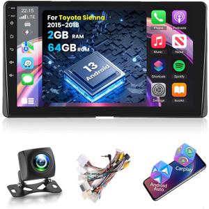 2+64G Android Car Stereo for Toyota Sienna 2015 2016 2017 2018 with Wireless Carplay and Android Auto - 9 Inch HD Touchscreen Radio with EQ GPS WiFi FM/RDS + AHD Rear View Camera, MIC
