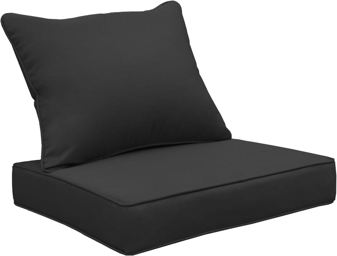 Outdoor Deep Seat Cushion Set of 2, 24"x24"x4" Patio Chair Cushions with Ties, Waterproof Polyester Fabric, Foam-Filled Seat Pad & Fiber-Filled Back Pillow for Patio, Garden, Porch, Backyard (Black)