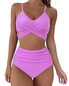 SUUKSESS Women High Waisted Bikini Push Up Wrap Bandage Swimsuits 2 Pieces (S, Purple)