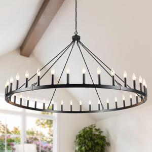60" Black Wagon Wheel Chandelier 36 Light Large Farmhouse Chandeliers for High Ceiling Hanging Modern Round Pendant Lighting Fixture for Living Room Foyer Entryway Dining Room Kitchen