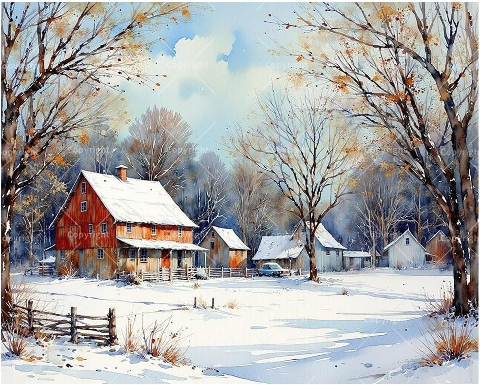 Country Winter Paint by Numbers Kit for Adults - DIY Snowy Red Barn and Rural Houses Painting on Canvas, Acrylic Paint Set, Suitable for Beginners, Art for Home Decoration or Gifts(16X20IN Framed)
