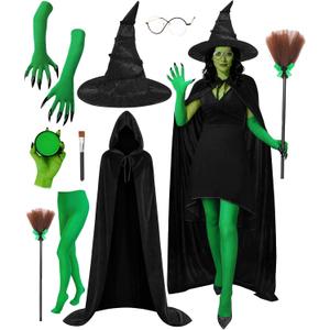 8 PCS Witch Costume Women Adult,Witch Hat Hooded Cape Green Accessories Set, Halloween Costume Accessories Women