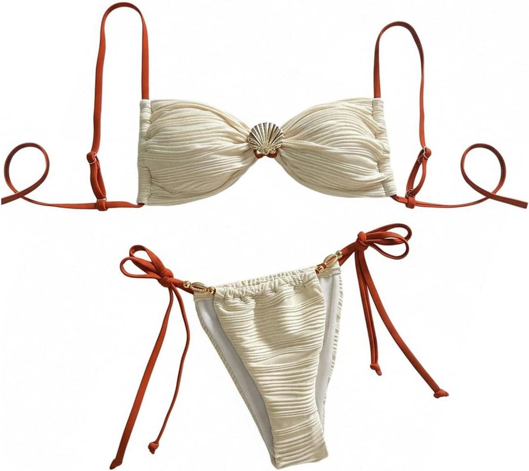 Verdusa Women's 2 Piece Textured String Bikini Sets Summer Swimsuits Beach Vacation Clothes (Medium, Beige)