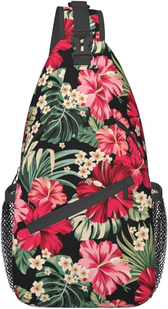 Vintage Elephant Sling Backpack Unisex Crossbody Chest Bag Shoulder Chest Bag For Women Men Hiking Travel (Hawaiian Hibiscus Flowers)