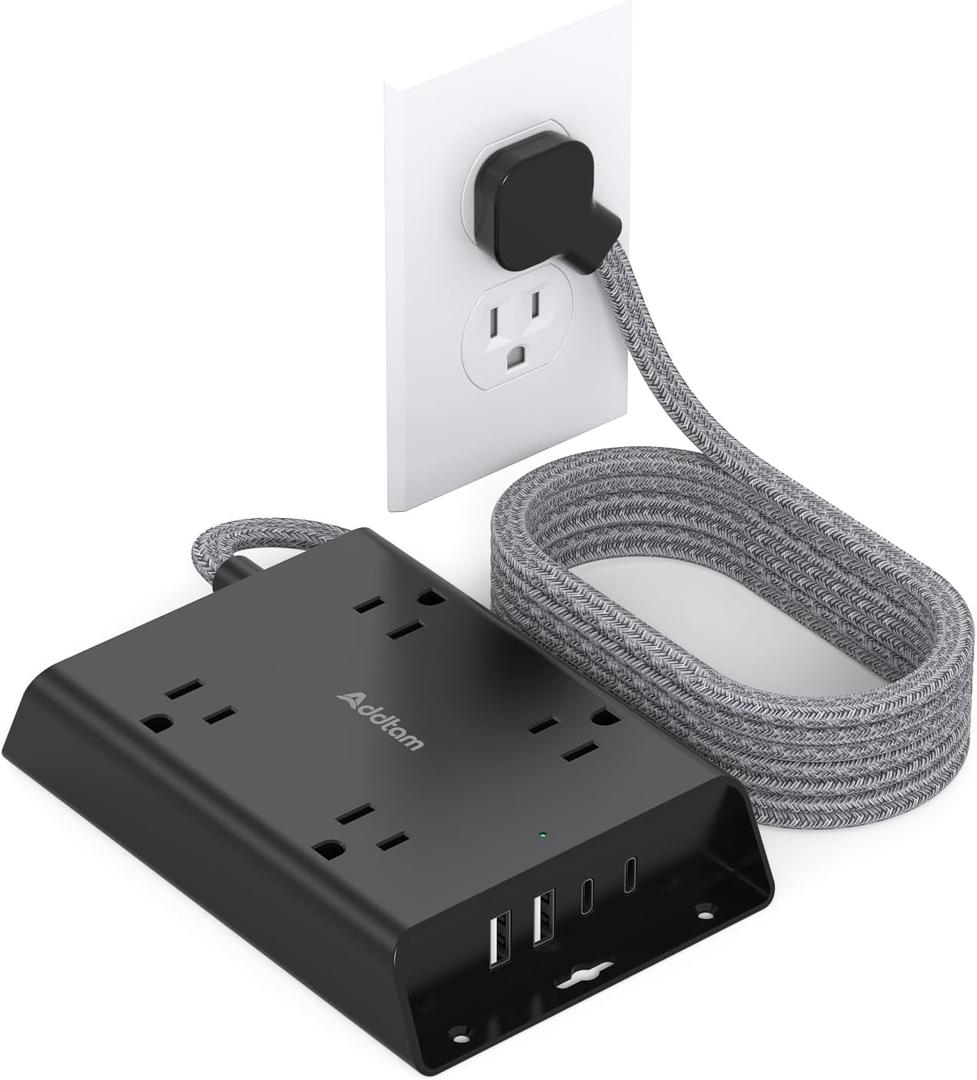 Surge Protector Power Strip, Addtam 5 ft Flat Plug Extension Cord with 4 USB Wall Charger(2 USB C Port), 4 Widely Outlets Desk Charging Station, Home Office and College Dorm Room Essentials, Black