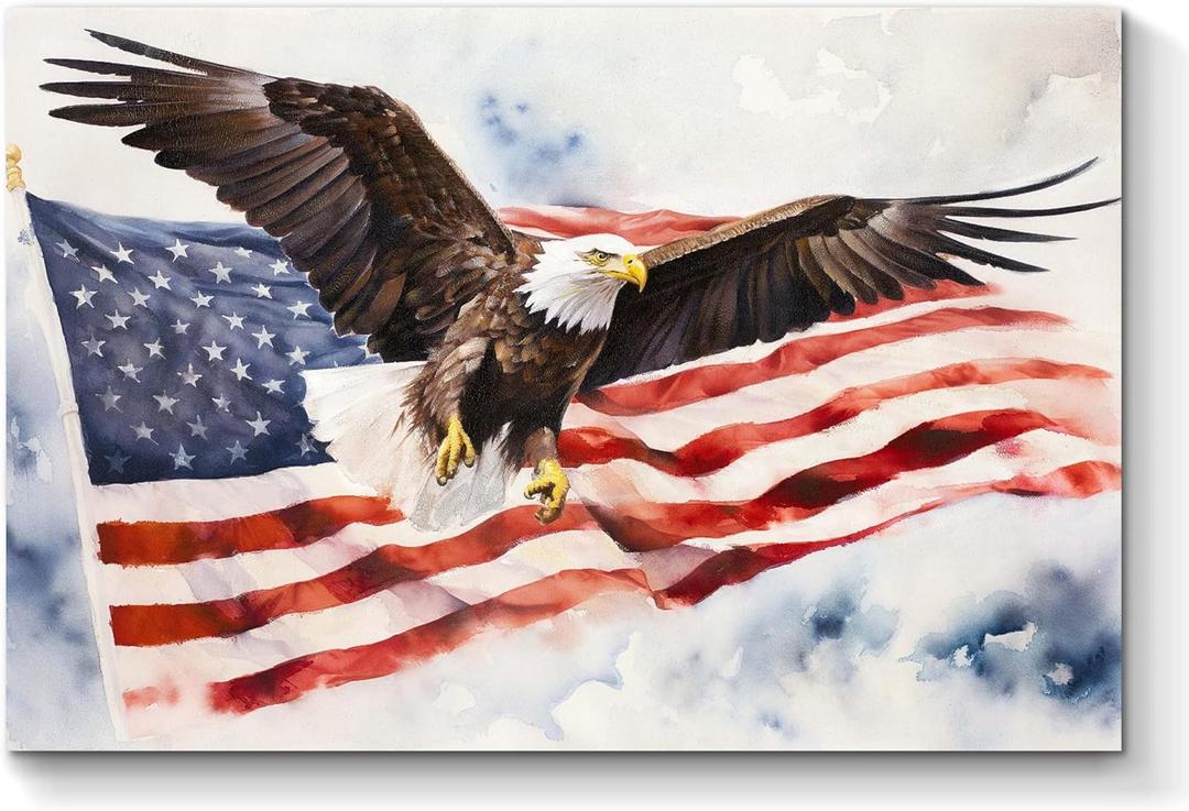 TAR TAR STUDIO Bald Eagle Wall Art: American Flag Canvas Picture, 24x16 inches, Patriotic Painting for Home Decor