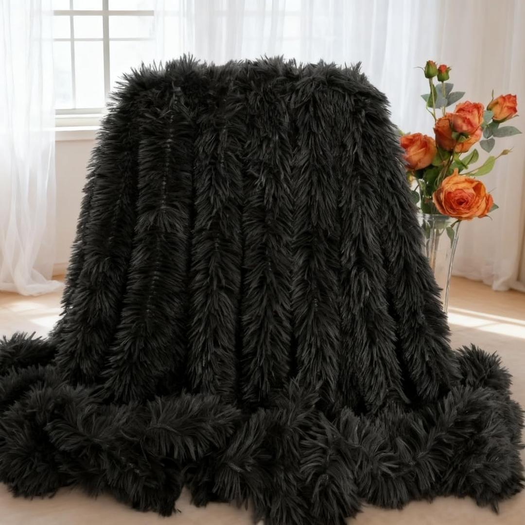 Plush Super Soft Blanket Bedding Sofa Cover Furry Fuzzy Fur Warm Throw Qulit Cozy Couch Blanket for Winter (51"x63", Black)