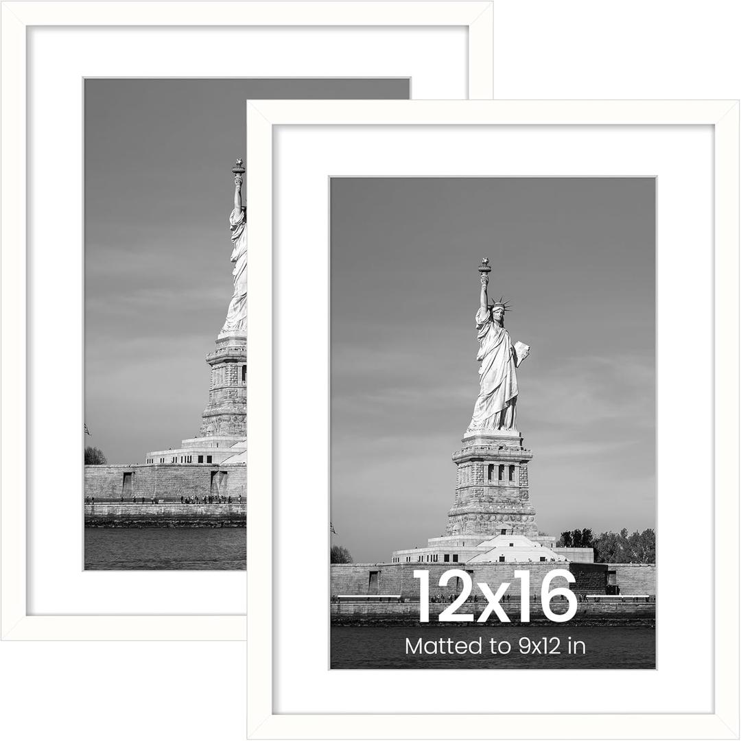 ENJOYBASICS 12x16 Picture Frame, Display Poster 9x12 with Mat or 12 x 16 Without Mat, Wall Gallery Photo Frames, White, 2 Pack