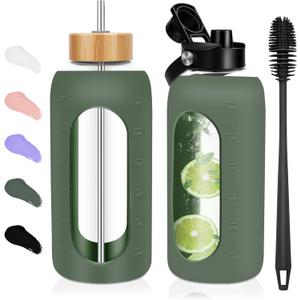 FULBEVY Glass Water Bottles 64 oz - Half Gallon Large Motivational Daily Water Intake Bottle Time Marker - Glass Water Bottle With Straw, Silicone Sleeve 2 Lids, Handle Spout & Bamboo Lid(Olive)