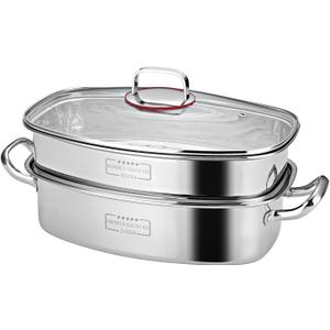 Eglaf 2-Tier Stainless Steel Fish Steamer - Multi-Use Square Steaming Cookware with Rack, Ceramic Plate, Chuck, Oven Mitts - Stockpot for Steaming Fish, Boiling Soup