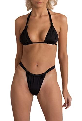 Sexy Bikinis Sets for Women Black Cheeky High Waisted Thong Bikini Bottom Solid Padded Halter Triangle Bikini Top L