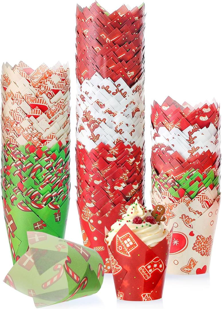 500 Counts Christmas Tulip Cupcake Liners Birthday Party Muffin Cupcake Baking Liners Grease Proof Cake Liner Holders for Fall Christmas Halloween Birthday Party