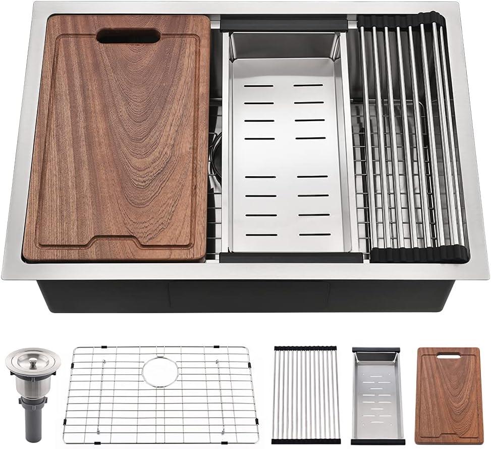 24 Inch Undermount Kitchen Sink-Bokaiya 24x19 Stainless Steel Kitchen Sink Undermount Workstation Sink 16 Gauge Deep Single Bowl Kitchen Sinks with Cutting Board (Brushed Nickel(Workstation)