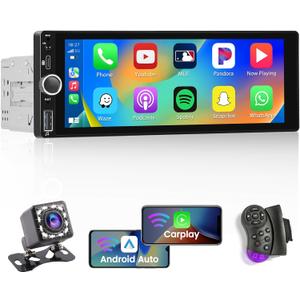Hikity 6.86 Inch Wireless Carplay Car Stereo Single Din Touchscreen Car Radio with Bluetooth 5.0 Android Auto Mirror Link Type-C Car Audio Receiver with USB GPS AUX EQ