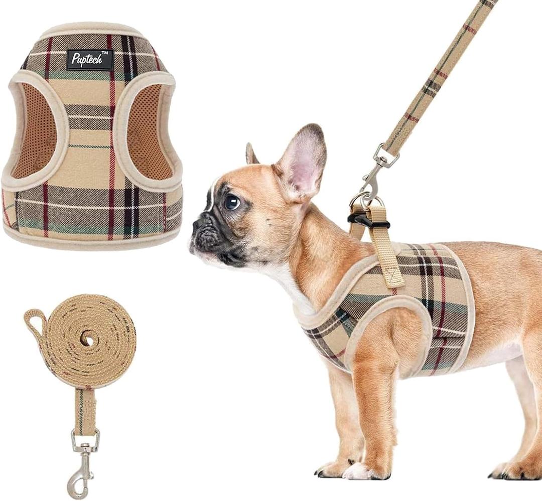 PUPTECK Soft Mesh Dog Harness and Leash Set Step-in Plaid Puppy Padded No Pull Vest Harness for Dogs Cats Outdoor Walking, Beige S (S (Chest Girth 14"-15"))