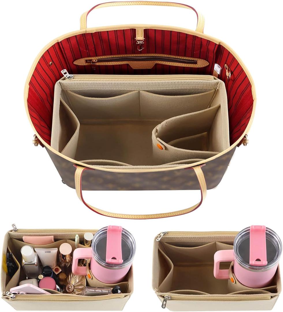 Tote Bag Purse Organizer Insert Pouches Fit for Neverful MM GM, Beige Handbag Organizer with Water Bottle Holder Compatible with Stanley Cup, Purse Accessories Must Haves Gifts for Women X-Large