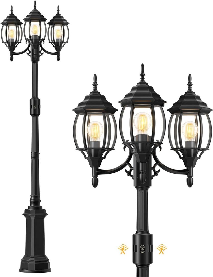 Redluck Motion Sensor Outdoor Post Lights, 3-Head Dusk to Dawn Outdoor Lamp Post Light, 360 Detection Waterproof Anti-Rust Aluminum Street Light for Backyard Garden Patio Driveway (Black(without outlet), Black)