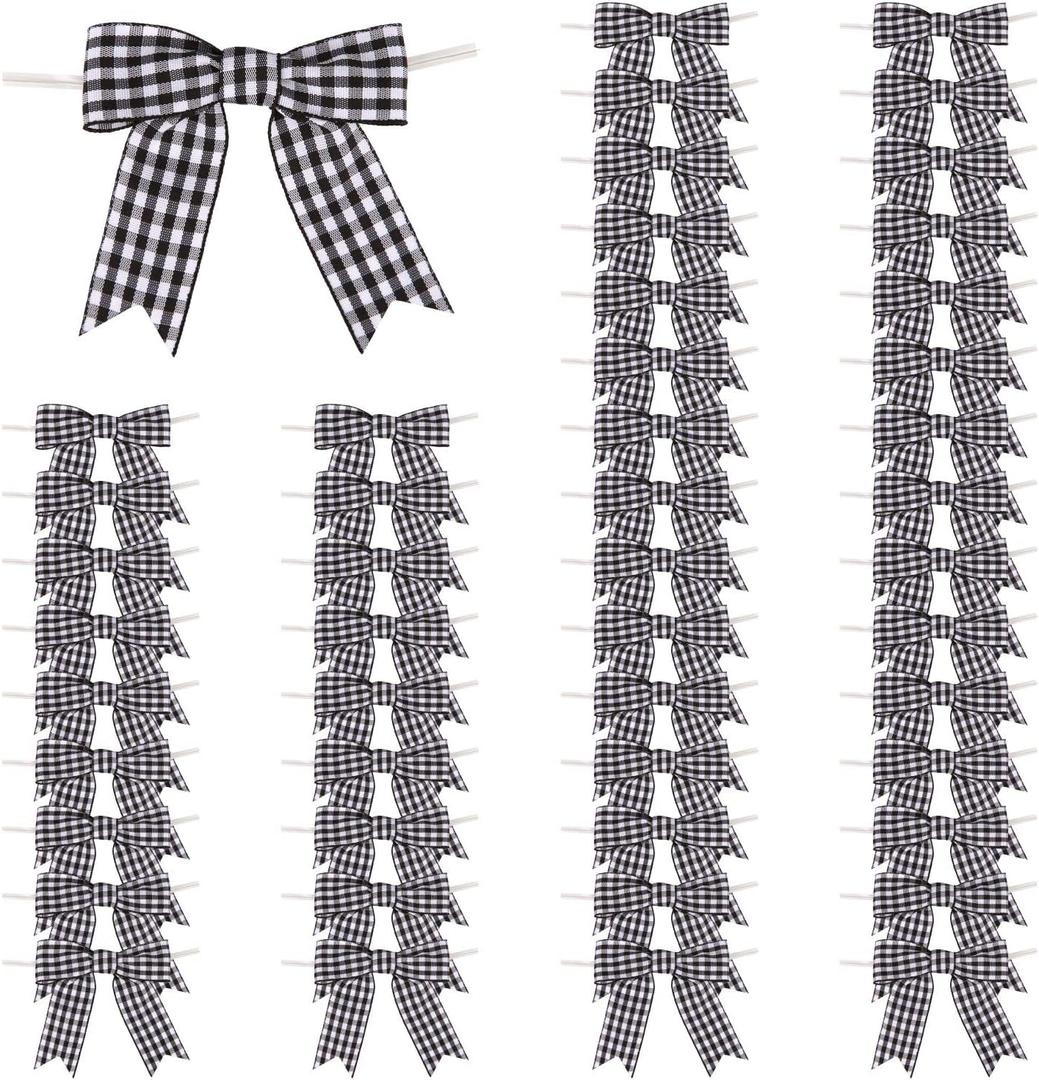50 Pcs 3 Inches Twist Tie Bows Black and White Buffalo Plaid Check Pretied Grosgrain Ribbon Bows for Treat Bags Gift Wrapping Basket Wedding Baby Shower Brithday Christmas Party (Black and white)