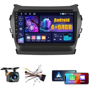 4+64GB Android 15 Car Stereo for Hyundai Santa Fe 2013-2017 Wireless Carplay Android Auto 9" Touch Screen Car Radio Dash Kit with GPS WiFi Bluetooth SWC DSP EQ Mirror Link Backup Camera