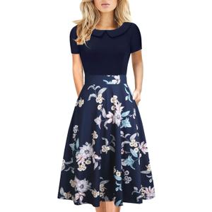 Women's Elegant Vintage Dresses Knee Length Casual Floral Print Work Party Peter Pan Collar A-Line Dress with Pockets 978