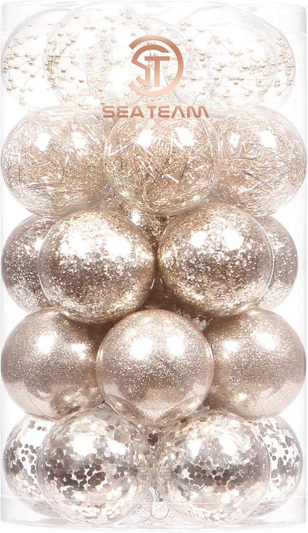 Sea Team 60mm/2.36" Shatterproof Clear Plastic Christmas Ball Ornaments, Transparent, See-Through, Crystal Baubles, Bulbs with Stuffed Delicate Decorations for Xmas Tree (30 Counts, Champagne)