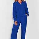 PRETTYGARDEN Women's 2 Piece Outfits Casual Lapel Half Zip Sweatshirts and Wide Leg Pants Tracksuit Sets (Blue, S)