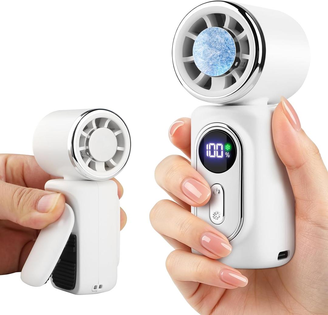 Clip-On Portable Fan with Ice Cooling, 5 Speeds Rechargeable Handheld Mini Fan with LED Display, 180 Portable Turbo Fan for Stroller, Eye Lash, Travel, Concert, Beach, Gifts for Women (White)