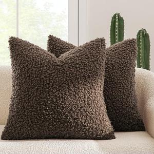 MIULEE Pack of 2 Throw Pillow Covers 20x20 Inch Chocolate Faux Fur Decorative Sherpa Pillow Covers Fuzzy Accent Soft Sheepskin Fleece Cushion Cases for Boho Home Decor Couch Living Room Bed