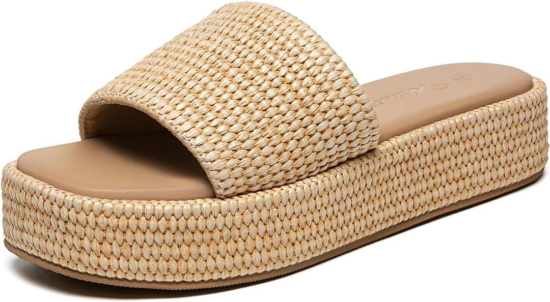 Athlefit Platform Sandals Women Comfortable Open Toe Slip On Beach Raffia Sandals for Women Summer Casual (8.5, Natural)