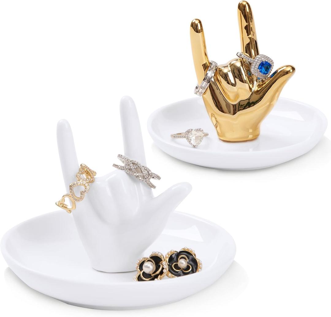 Set of 2 Hand Ring Holder, I Love You Hand Shape Jewelry Dish for Wedding Engagement, Trinket Tray Gifts for Women Her Birthday Christmas Valentines