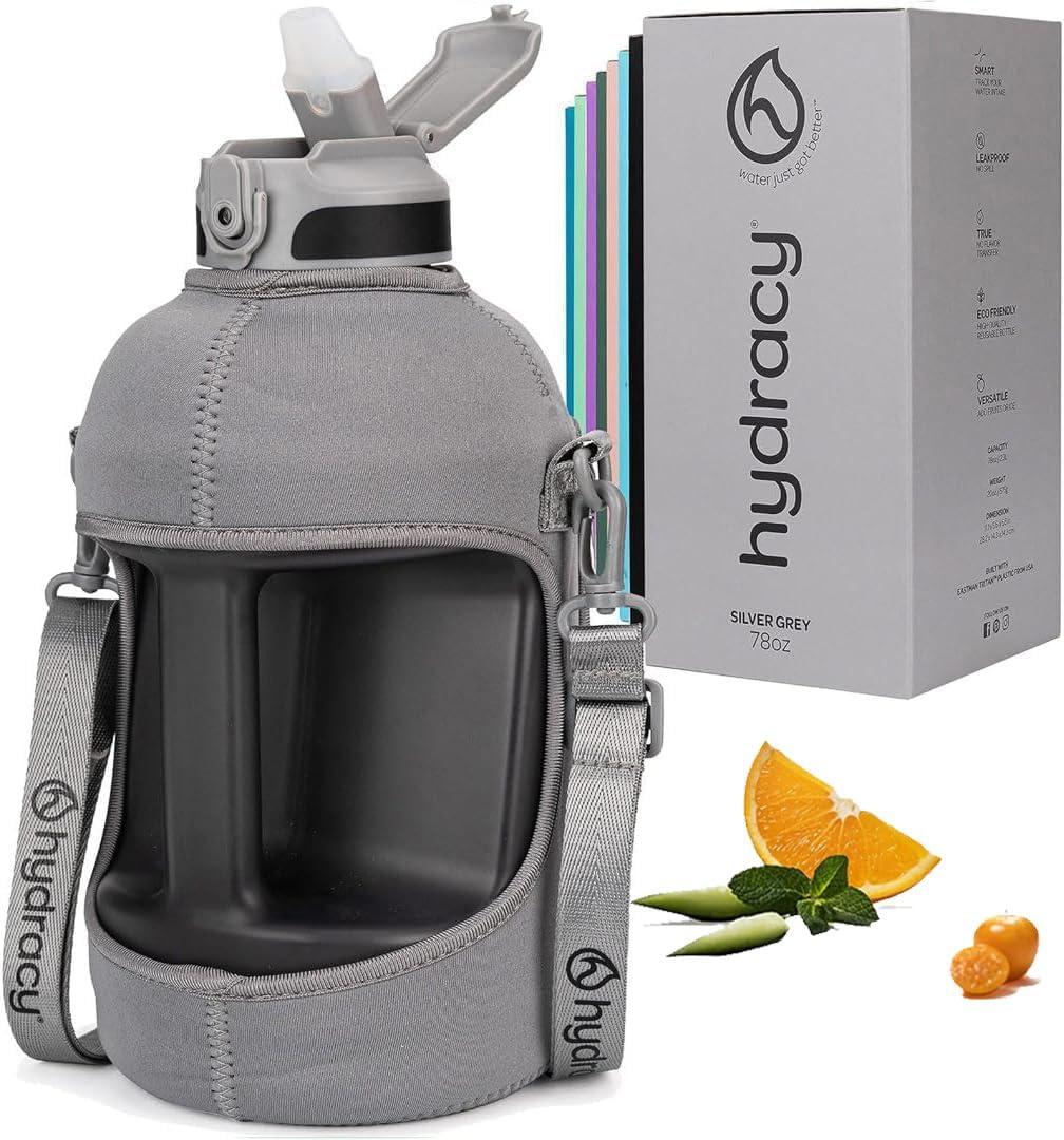 Hydracy Water Bottle with Time Marker -Large BPA Free Water Bottle & No Sweat Sleeve -Leak Proof Gym Bottle with Fruit Infuser Strainer & Times to Drink -Ideal for Fitness Sports & Outdoors (Silver Grey)