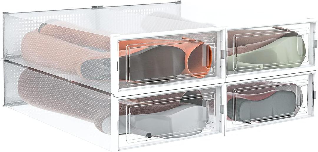 PARANTA 4-Piece Extra Large Boot and Shoe Storage Boxes, Stackable Clear Plastic Shoe Organizer, Space-Saving Shoe Boxes for Boots, Sneakers, and High Heels, Clear