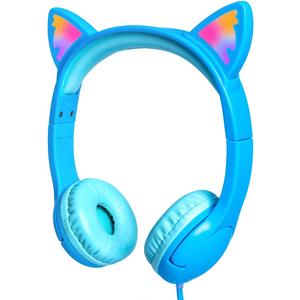 Olyre Kids Headphones with Sharing Port and Microphone, Girls Boys Headphone LED Cat Ears 85dB Volume Limited for Children/Toddler Wired On Ear for Tablets/E-Readers/Online/School/Travel - Blue