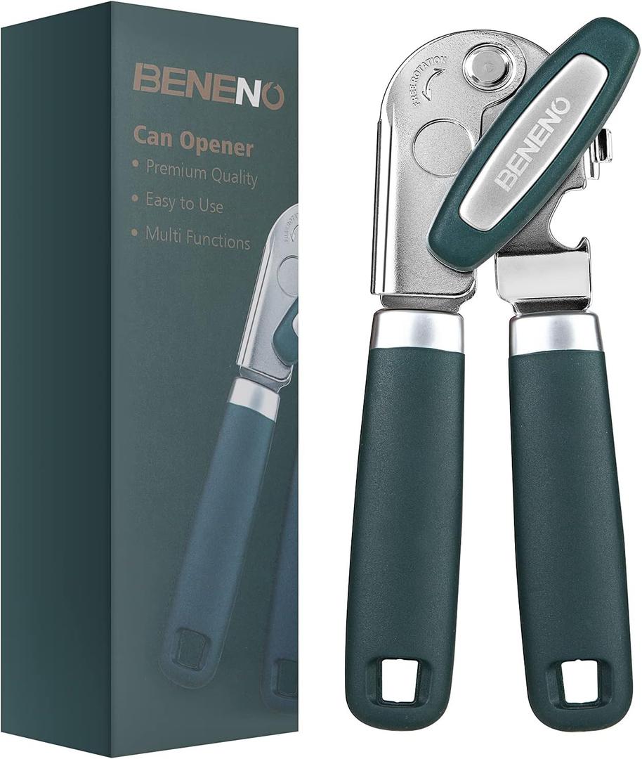 Beneno Heavy Duty Hand Can Opener Manual with Magnet, Durable Sharp Carbon Steel Blade Smooth Cutting, Big Effort-Saving Knob & Soft Grip Handle, Multifunctional Kitchen Tool with Bottle Opener, Green
