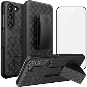 Ailiber for Samsung Galaxy S24 Plus 5G Case with Belt Clip, Galaxy S24 Plus Holster Case with Screen Protector, Kickstand Holder, Slim Shockproof Shell Full Body Cell Phone Case for Samsung S24+-Black