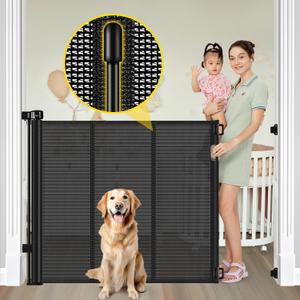 Reinforced 42 Extra Tall Retractable Baby Gates with Rods, Extends up to 60 Wide, Tall Retractable Dog Gate for Doorways Prevent Crawling Through Mesh Pet Gate Indoor Outdoor, Black, Reinforced 42" Tall X 60" Wide