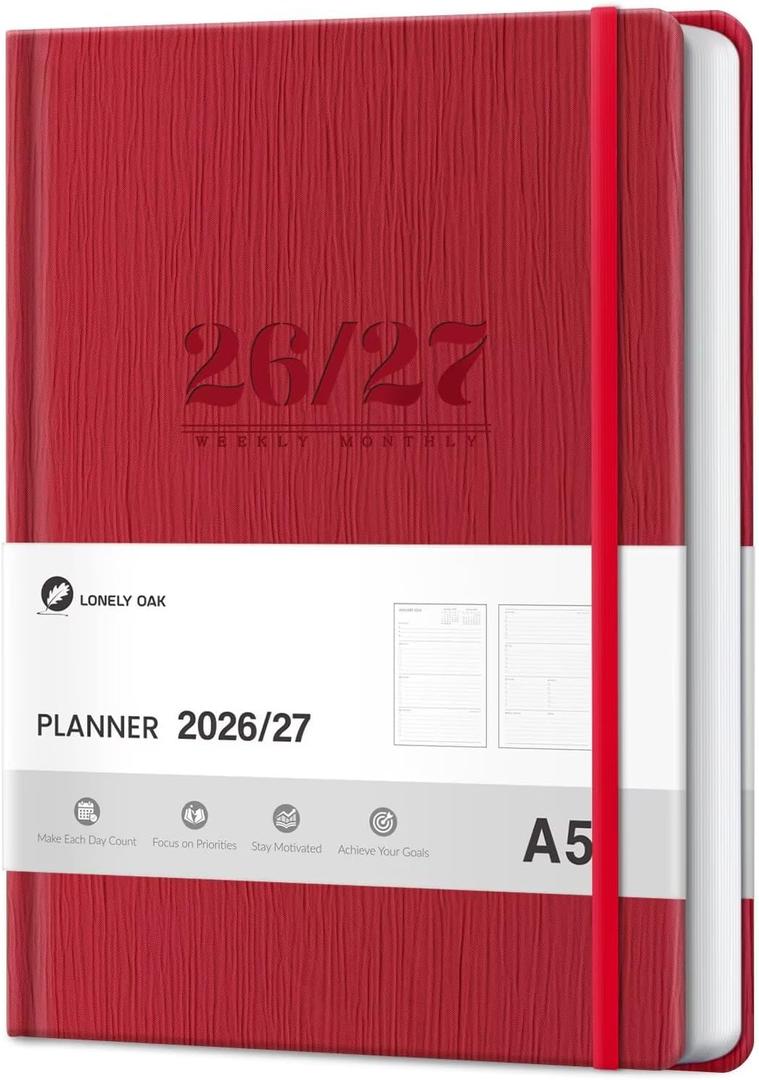 Lonely Oak Academic Planner 2026-2027, A5 Daily Weekly and Monthly Planner 5.75" x 8.4", 13 Months Faux Leather School Year Agenda from Jul.2026 to Jul.2027 for Student and Teacher (Red)