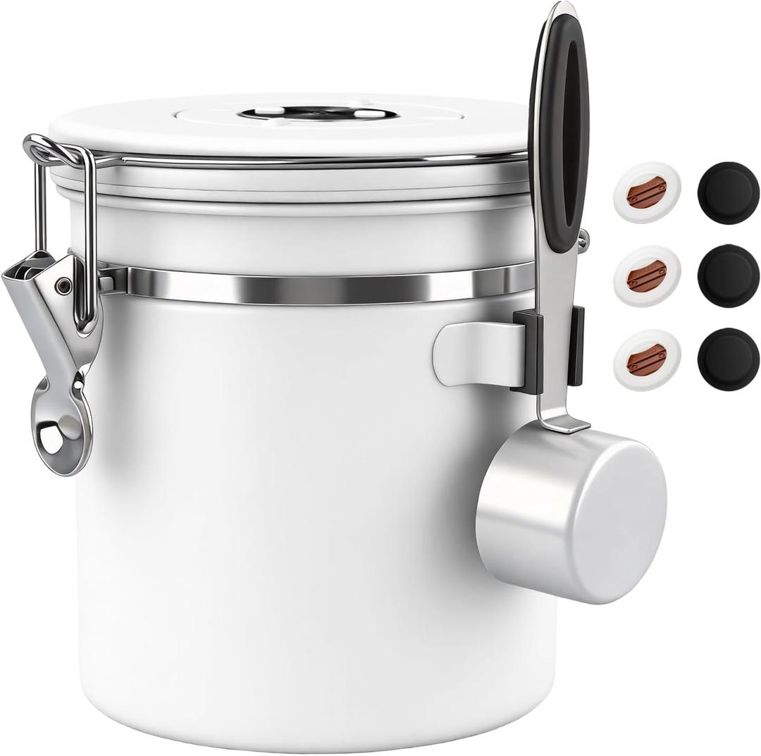 ShanSon Coffee Canister Airtight Coffee Container Stainless Steel Coffee Bean Storage Container with Scoop Coffee Canister for Beans Grounds Sugar Flour Tea Cereal,16OZ, White