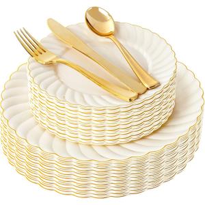 YOUBET 125PCS Scalloped Plastic Plates - Ivory Scalloped Disposable Plates - Gold Plastic Dinnerware Set Include 50 Plates, 75 Gold Silverware for Party & Wedding, 7.5/10.25 inches