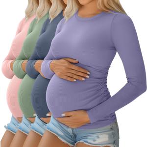 Ficerd 4 Pack Women's Maternity Shirts Cotton Long Sleeve Ribbed Crew Neck Pregnancy Tops Side Ruched Casual Mama Clothes (Large, Light Pink, Gray Green, Haze Blue, Lavender Purple)