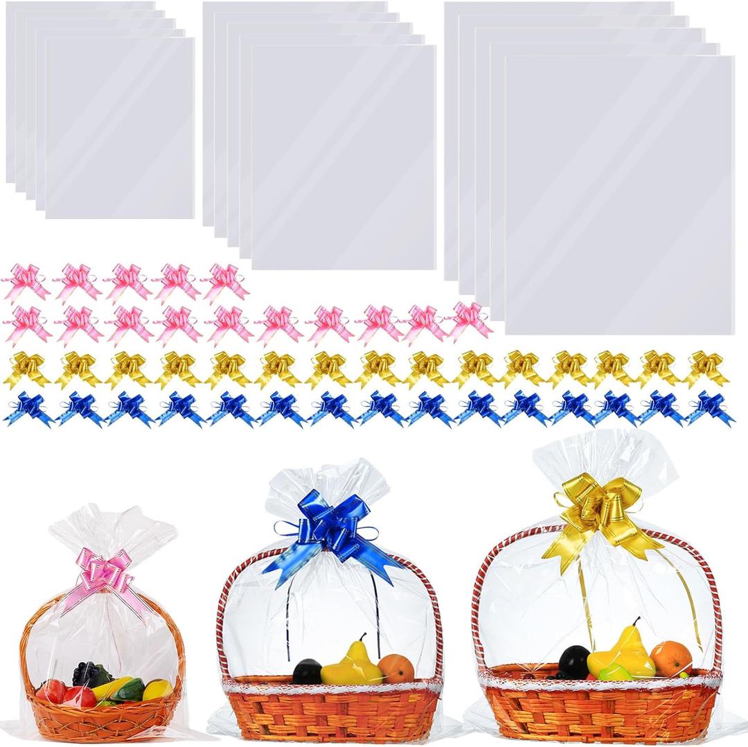 90 Packs Large Clear Cellophane Bags 14x20 18x24 24x30 Inches Jumbo Gift Basket Wraps Extra-large Transparent Plastic Bags for Fruit Basket, Gift Wrap, Treats, Arts and Crafts, 90 pcs Pull Ribbon Bow Ties