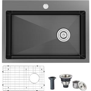 OUGOO Kitchen Sink, 22 x 18 Drop in Sink, 9" Deep Single Bowl Kitchen Sinks, 304 Stainless Steel Topmount Kitchen Sink with Strainer & Bottom Grid, Black