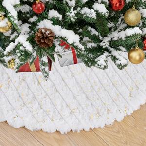 Christmas Tree Skirt 24 inch Mini Faux Fur Plush Striped Textured Tree Skirt for Xmas Tree Ornaments Holiday Party (White & Gold)